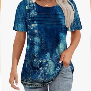 Blue, Black and White Women's Flowy Top w/ Pleated Front